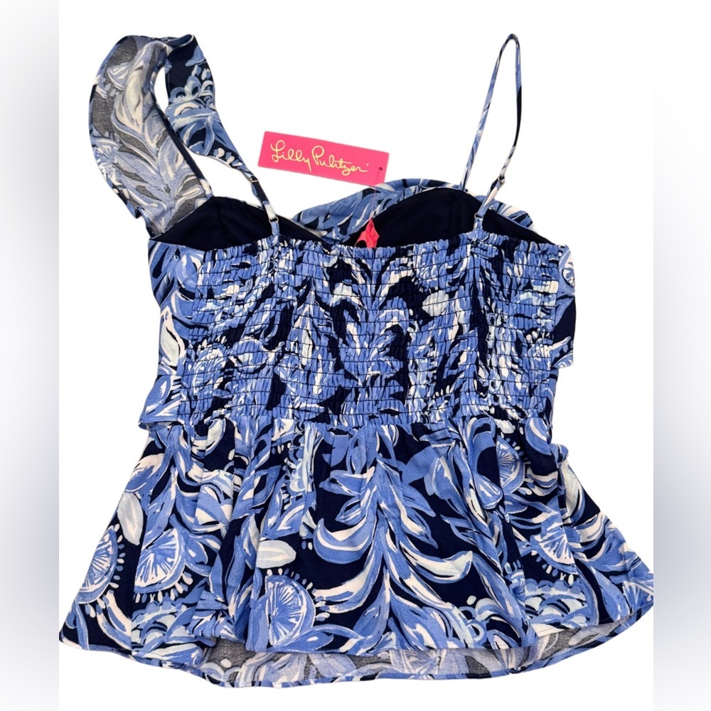 NWT Lilly Pulitzer Auria One Shoulder Ruffle Blue High Tide Top, Size 6 - Picture 2 of 5